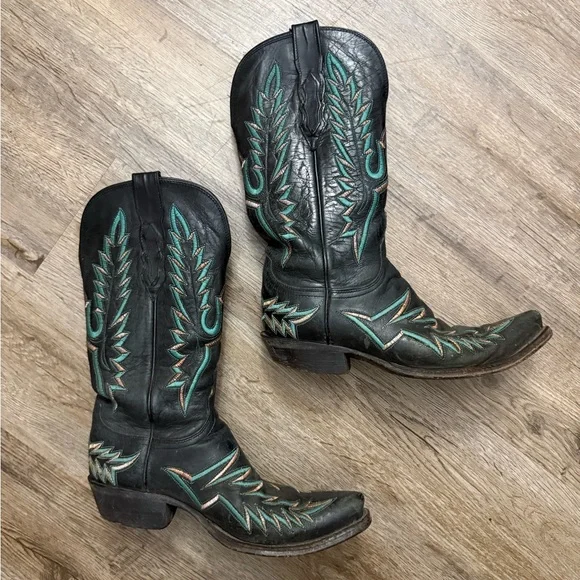 Lucchese Black and Turquoise Snip Toe Western Cowboy Boots Size 7 - Picture 2 of 16